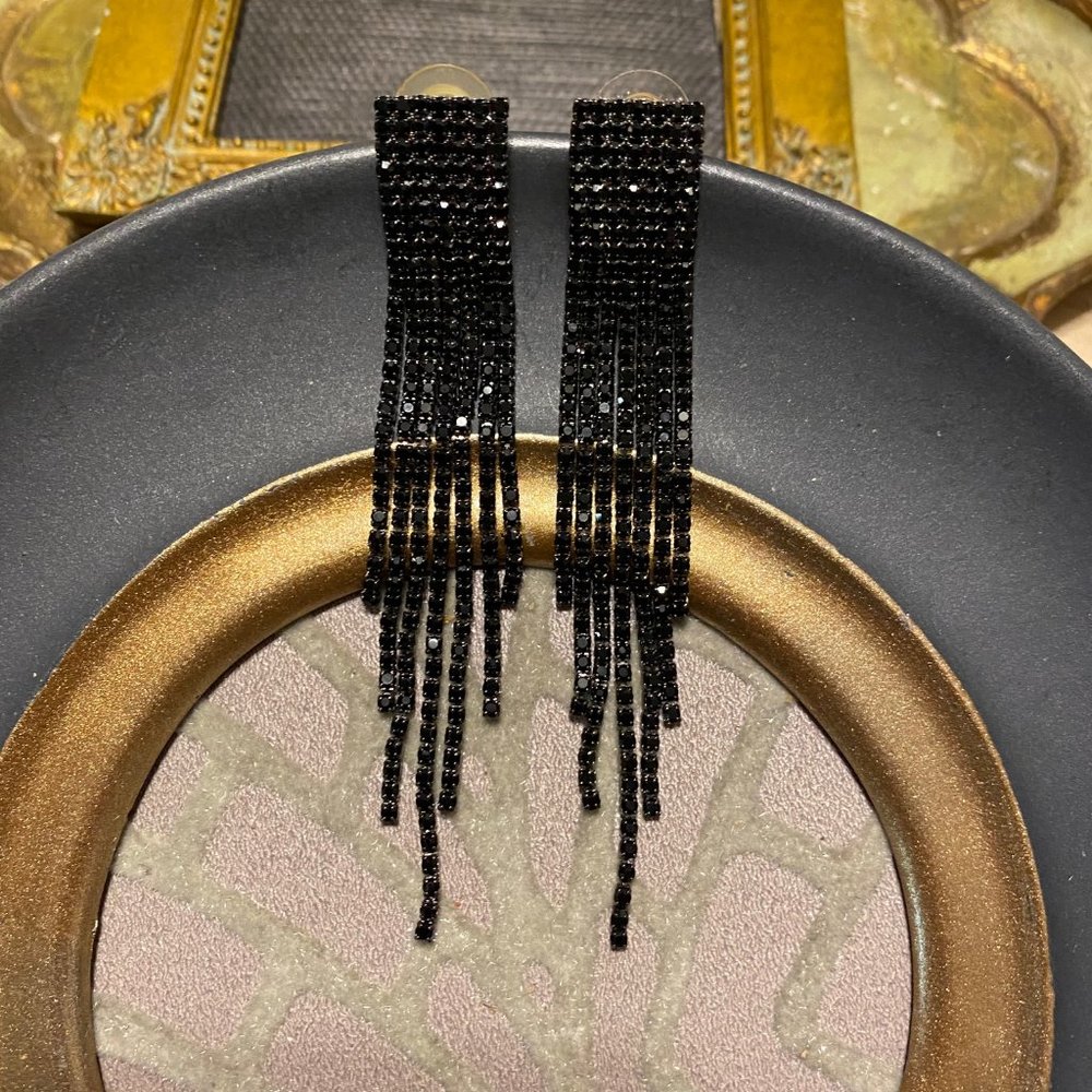 BLACK RHINESTONE CRYSTAL DANGLE 80S 90S - Picture 6 of 13